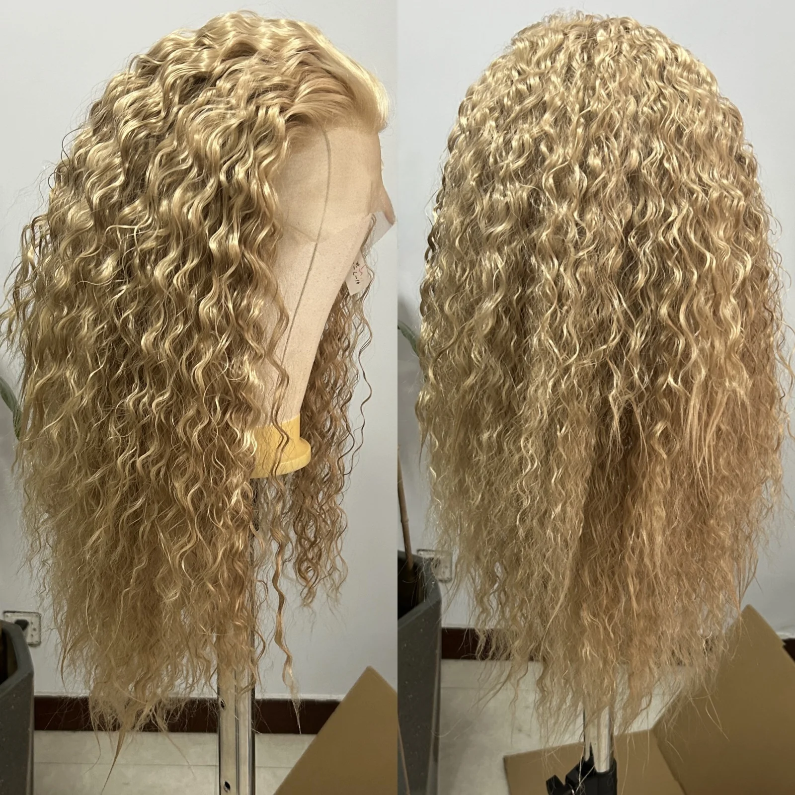 الرماد شقراء مجعد الاصطناعية الدانتيل شعر مستعار أمامي جزء مجاني طويل شقراء فضفاض مجعد 13X4 أمامي ألياف مقاومة للحرارة الباروكات للنساء #3