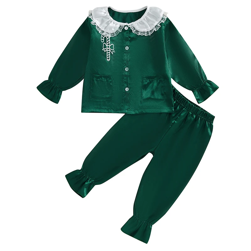 

Kids Baby Girls Christmas Pajama Sets Princess Sleepwear Long Sleeve Doll Collar Candy Cane Embroidery Shirt Pants 2Pieces Sets