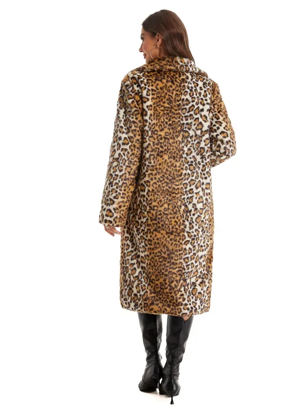 2024 Leopard Faux Fur Coat Women Long Coats Turn Down Collar Long Sleeve Autumn Winter High Waist Loose Maxi Elegant Jacket