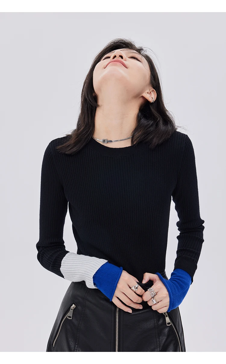 Spring and Autumn New Women's Knitted Sweater, Black Pullover Long Sleeved Base Sweater with Contrasting Color Splicing