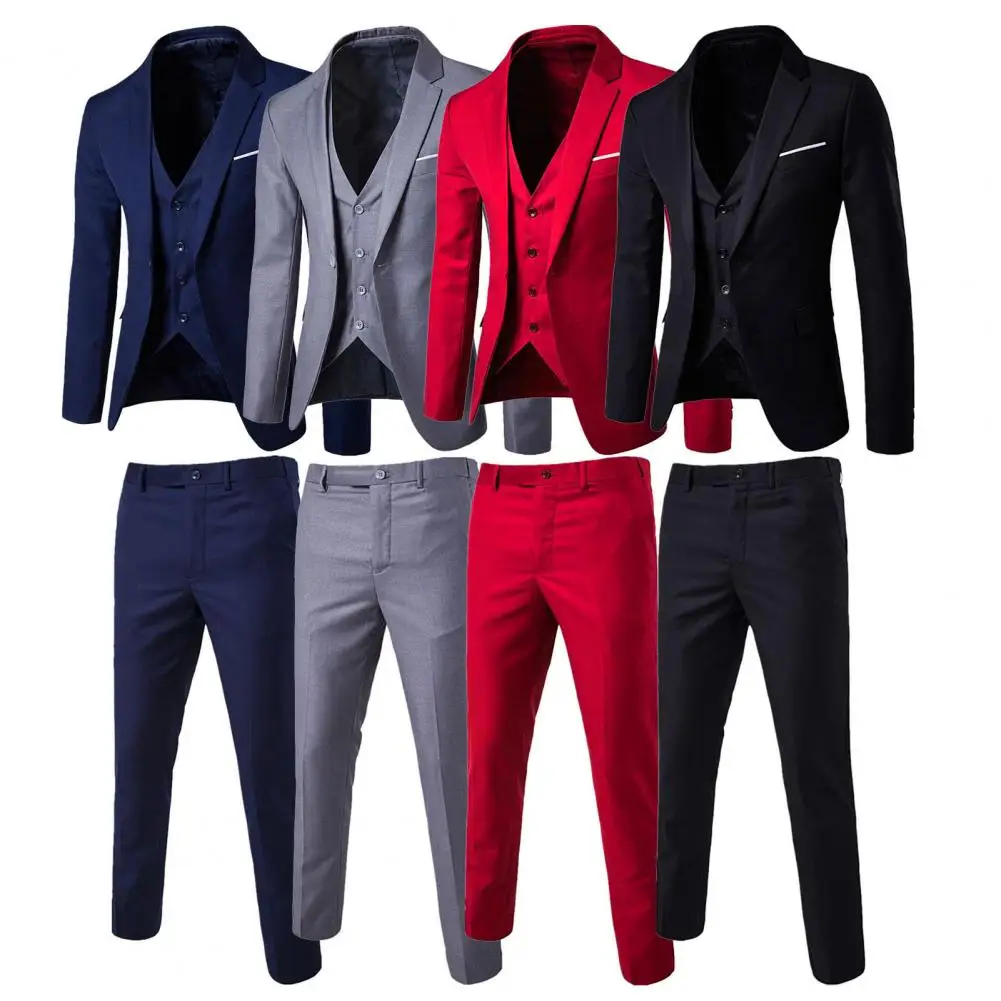 1 Set Men Blazer Vest Pants Set Solid Color Turndown Collar Groom Suit   Single-Breasted Vest Coat Zipper Closure Trousers