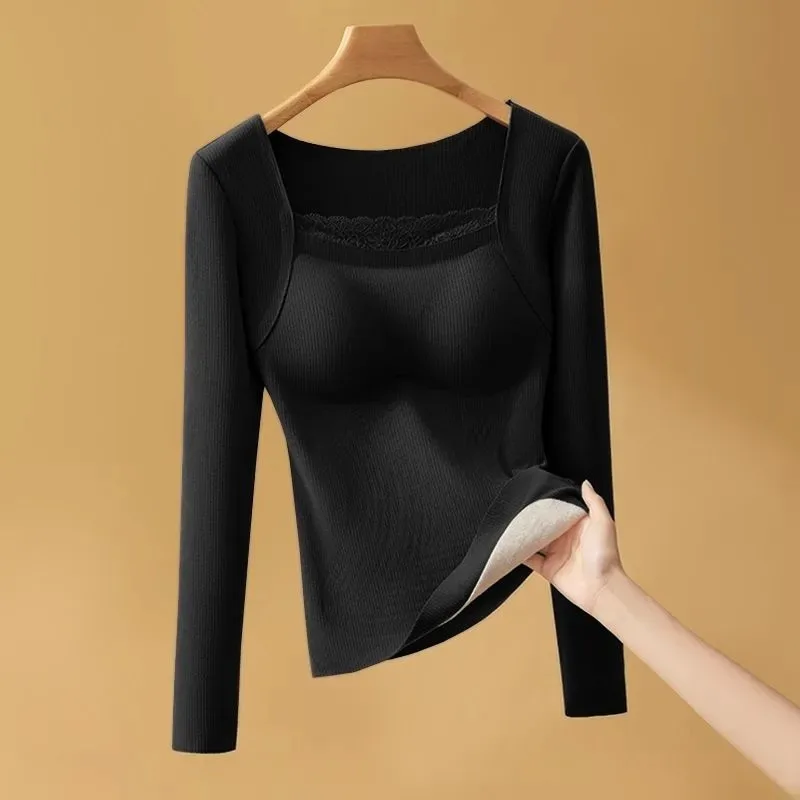 Women Thermal Long Sleeve Top Wool Silk Blend Brushed Lined Built In Bra Square Neck Warm Layering Undershirt For Winter