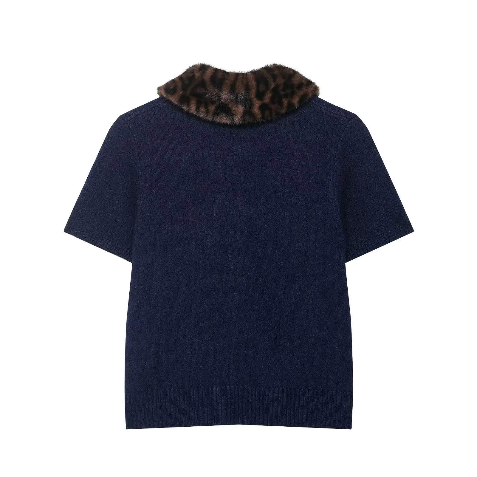 KONDALA Chic Casual 2025 Knit Women Vintage Sweaters Autumn Elegant Short Sleeve Top Streetwear Leopard Fur Collar Mujer Outwear