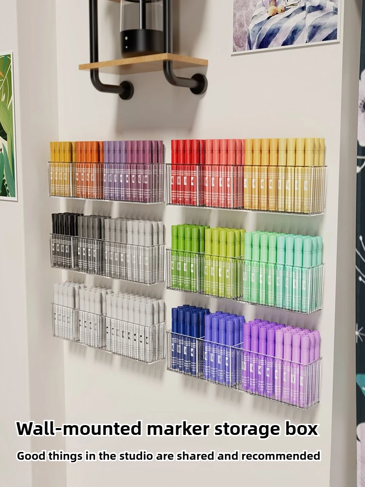 

Large Capacity Transparent Wall-Mounted Marker Pen Holder for Kids Desk Art Studio Crayon Storage Organizer Stationery