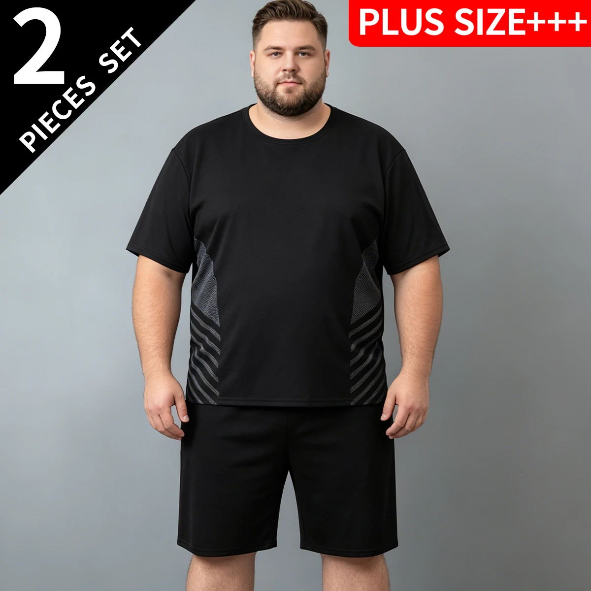 2-piece Men's Casual Plus Size Set Extra Large Size 1xl-6xl Comfortable Round Neck Short Sleeved Fitness Sweatshirt Black Shorts