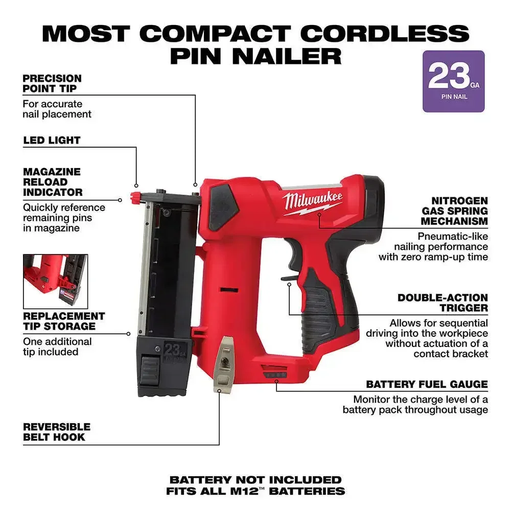 Milwaukee 2540-20 m12 12v 23 Gauge compatto Cordless ago inchiodatrice automatica solo-Tool-