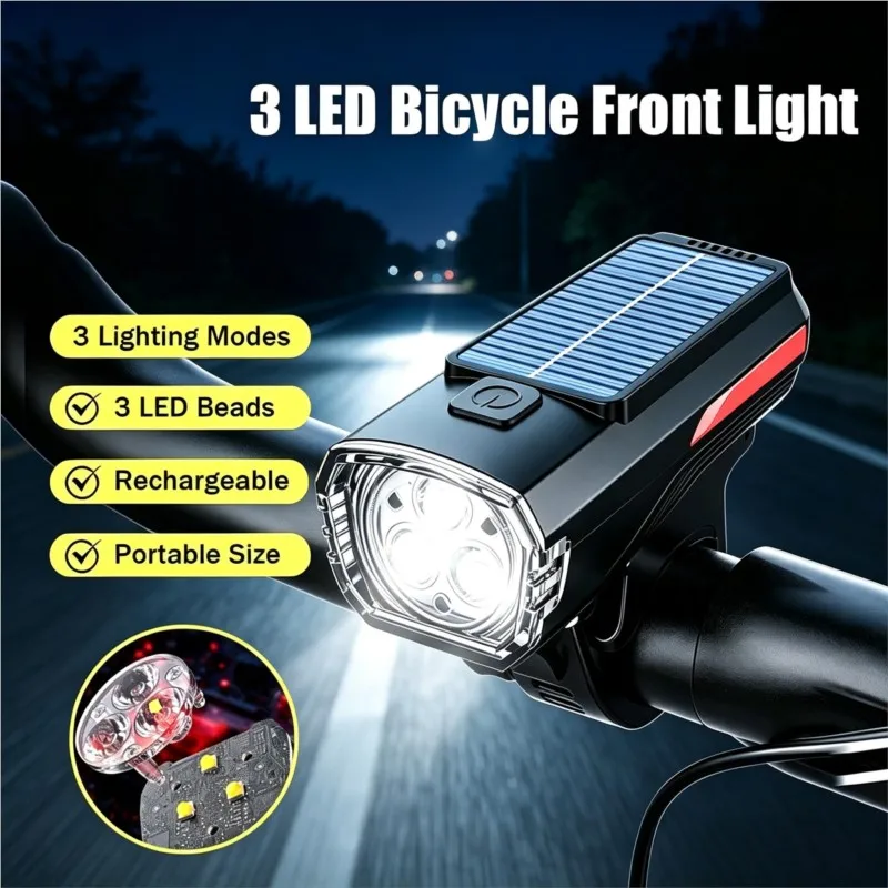Solar Powered Dual LED Bike Headlight with Horn USB Rechargeable Bicycle Front Light Super Bright MTB Night Cycling Flashlight