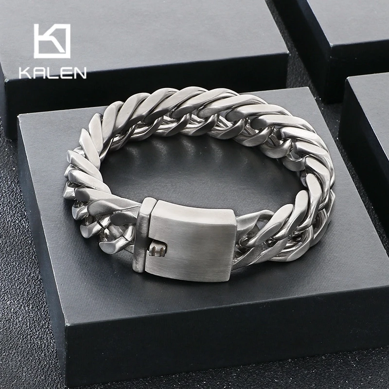Kalen 18mm Stainless Steel Cuban Chain Bracelet for Men Polished Brushed Metal Jewelry Thick 19-22cm Wrist Accessories