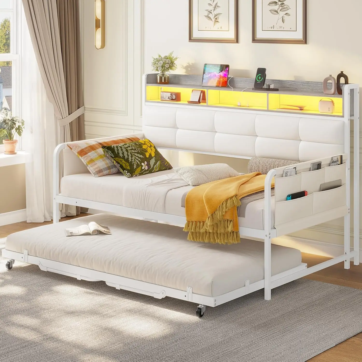 

Daybed with Trundle, Twin Day Bed with Upholstered Headboard and Charging Station, Metal Day Bed Frame with Storage and LED