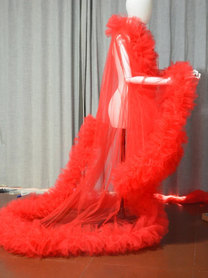 Vestido de novia de tul rojo para sesión de fotos, bata de maternidad con volantes para Baby Shower, revelación de género