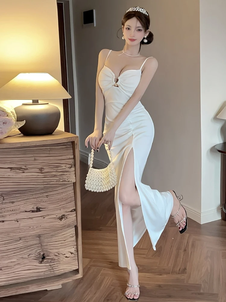 

Элегантное вечернее платье с высокой талией, длинное, с разрезом, без бретелек, для женщин, на осенний сезон, с V-образным вырезом