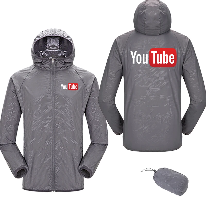 Chaqueta de protección solar impermeable para hombre y mujer, cortavientos con capucha y cremallera, ultraligera, ideal para ciclismo en la playa, Youtube