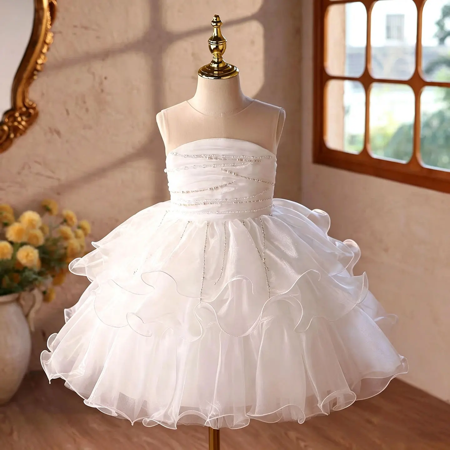 Jill Wish D110 White Strapless Flower Girl Dress,Beaded Bodice,Multi‑Layer Ruffled Organza Skirt,Princess Gown for Wedding
