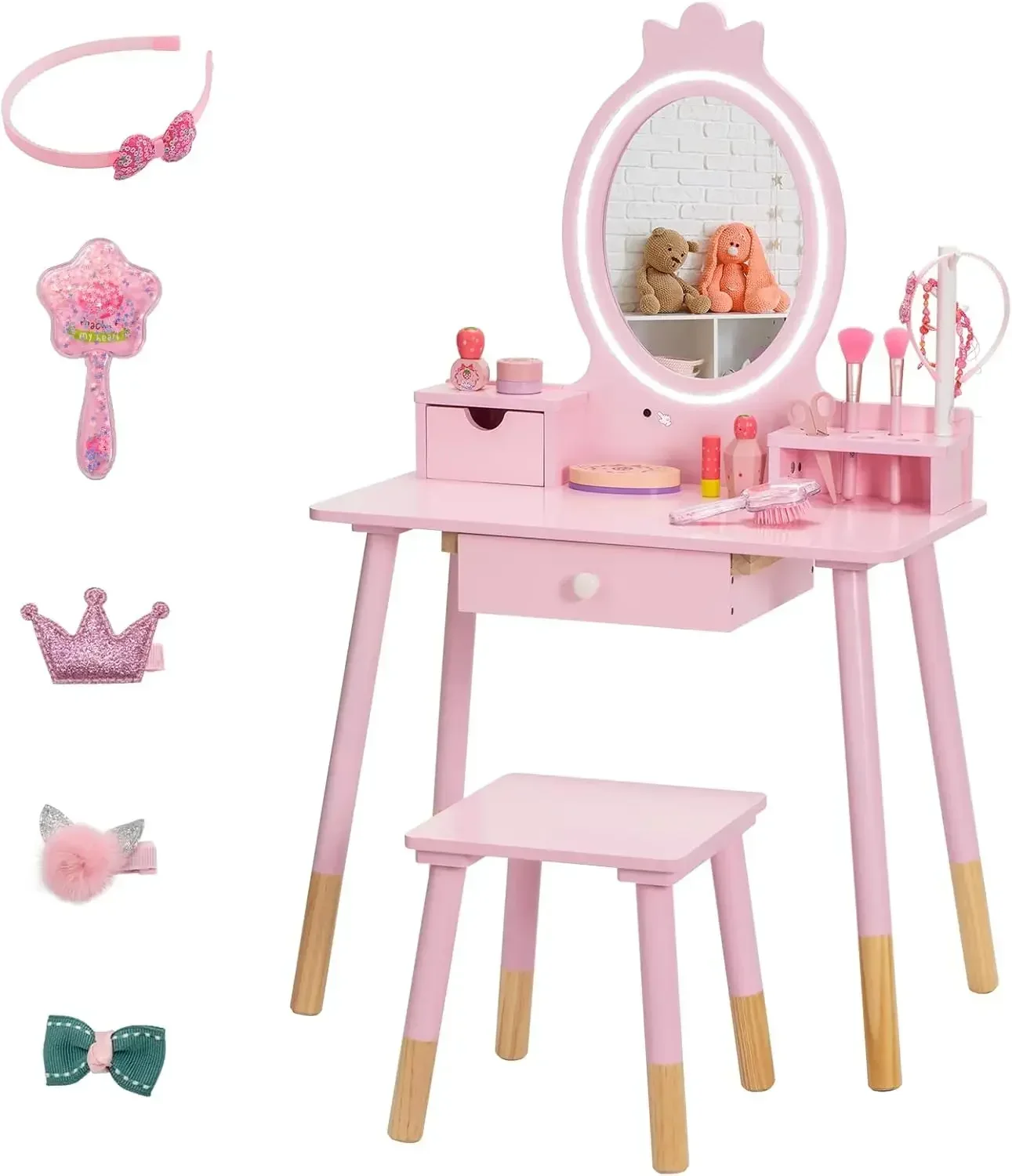 BRINJOY Kids Vanity Set with Lighted Mirror, Princess Make Up Dressing Table and Stool Set w/Jewelry Storage Rack & Make Up Brus