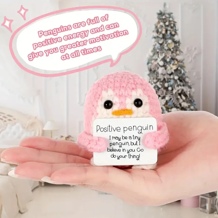 

Вязаная мини-кукла ручной работы из плюша и шерсти с позитивным энергетическим карманом для объятия пингвина с забавной картиной, рождественский подарок, украшение для дома