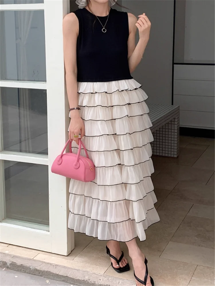 Coreano retro cor contraste babados em camadas bolo vestido o pescoço falso 2 peça sem mangas de malha retalhos tanque colete vestido vestidos