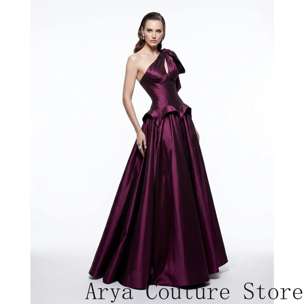 Customized Luxury Plum Purple Satin Evening Gown One‑Shoulder Big Bow Keyhole Front Ruffle Peplum Waist A‑Line