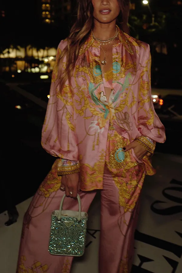 ملابس السباحة التستر الشاطئ النساء فستان صيف 2025 قفطان صيدا دي برايا جديد الترفيه عطلة طويلة الأكمام الوردي قميص مطبوع السراويل