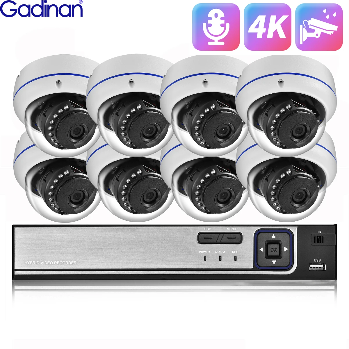 

Gadinan 8MP Dome Riot Camera Kit 4K Audio Video Outdoor Home Camera System 4/8CH Set Security CCTV Video Surveillance Set