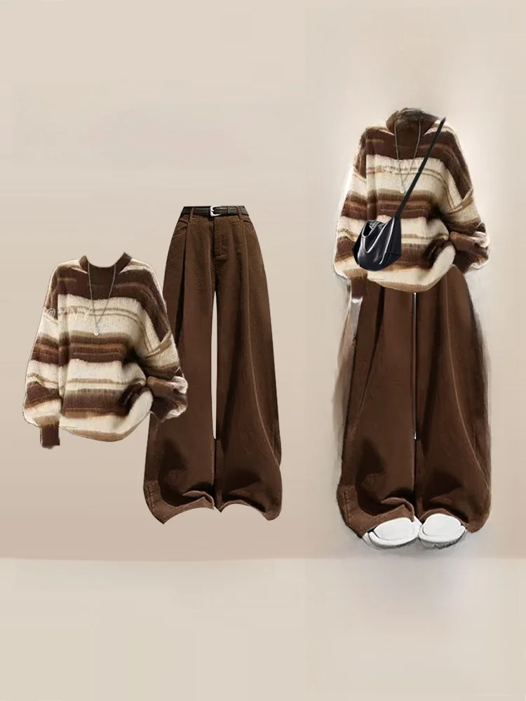 

Осень-зима, корейский вязаный свитер и широкие брюки с высокой талией, комплект из двух предметов, женский повседневный утягивающий ансамбль Faion