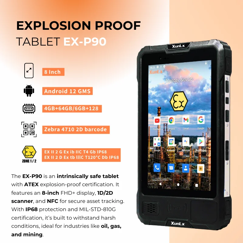 Industrial Android 8inch Laptop Pc 4g Lte Portable ATEX Rugged Tablet Fingerprint Rfid Nfc With Barcode Scanner