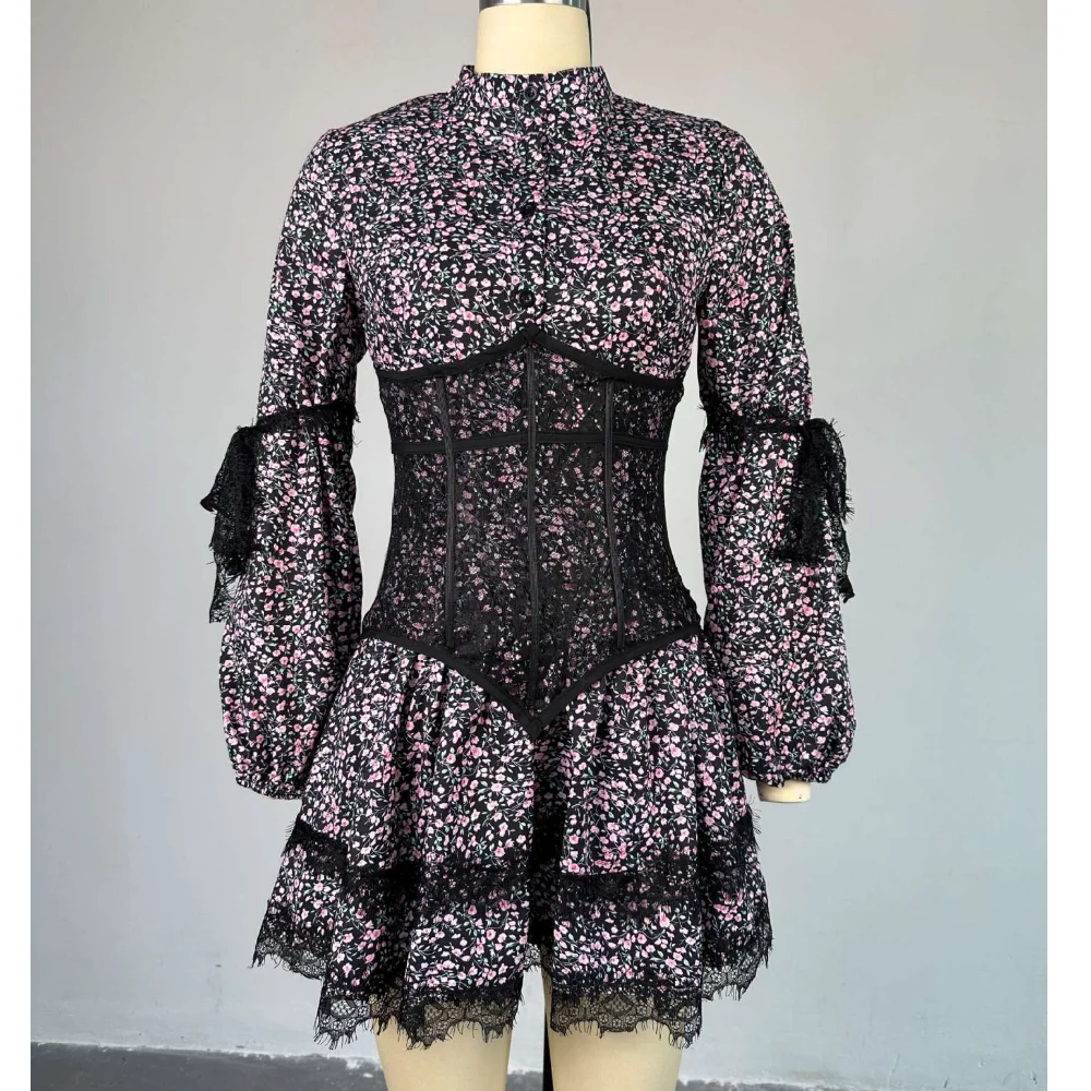 

Fashion Printed Mini Dress High Waist Ruffled Short Dresses Long Sleeve V-Neck Party Dress for Women