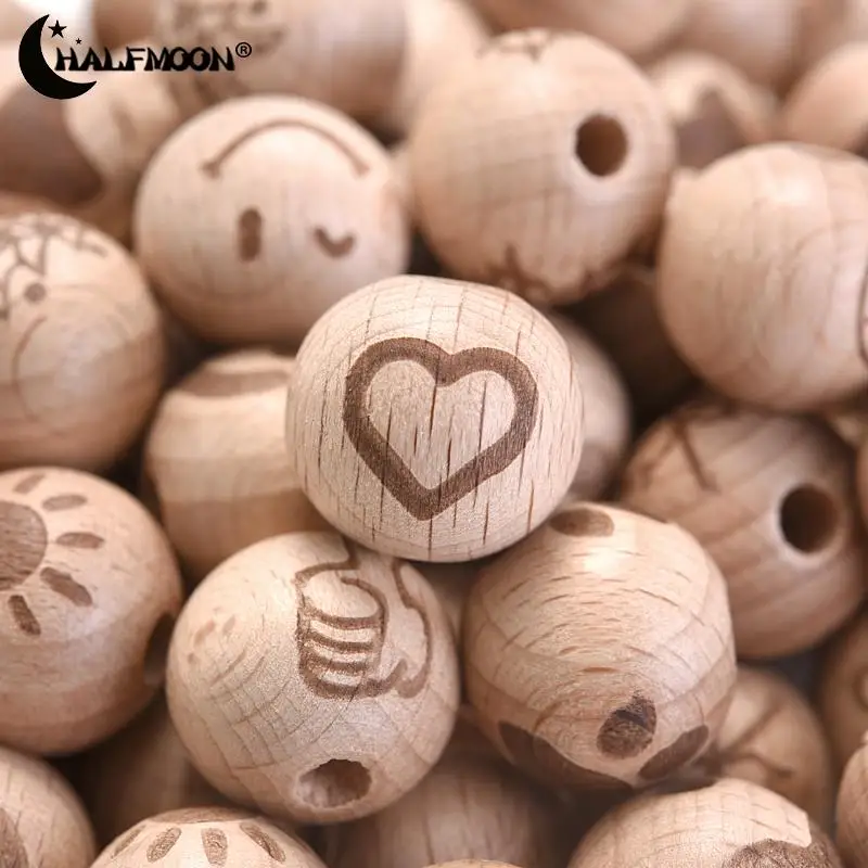 10/50Pcs 16mm Natural Wood Beads Cartoon Animal Heart Patter Round Spacer Wooden Lead-Free Balls Charms For Jewelry Making