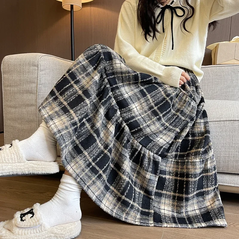 Woolen Skirt Autumn And Winter Long High Waist Thin Lazy A Word Midi Skirt Ground Wool Patchwork Lattice Cake Skirt Woman