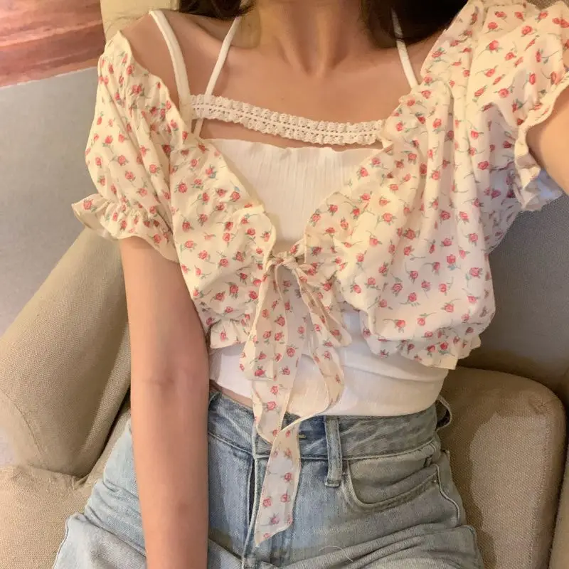 Women Sets Shirts Floral Bandage Crop Tops Sweet Korean Style Chemise Femme Camis Slim Fit Basic All-match Summer Simple Halter