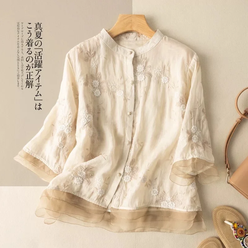 Women Stand Collar Full Floral Embroidery Organza Hem Three Quarter Sleeve Loose Linen Blend Shirt