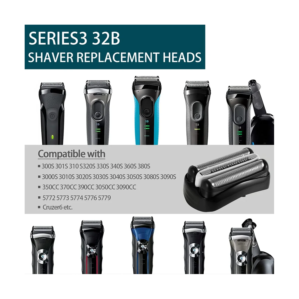 Cabezal de repuesto para Afeitadora eléctrica, cabezal de repuesto para serie 3 32B, compatible con modelos 3000S, 3010S, 3040S, 3050Cc