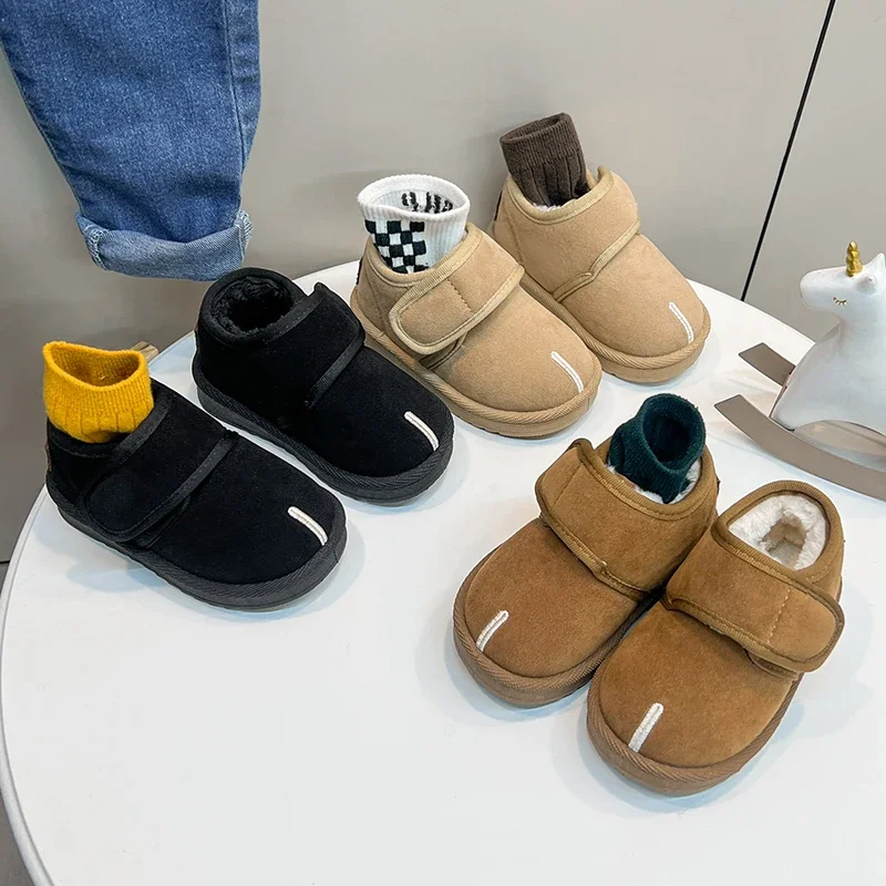 Kids Faux‑Suede Winter Snow Boots, Fake Split‑Toe Stitching Plush Lined Warm Non‑Slip Ankle Boots for Toddler Boys Girls