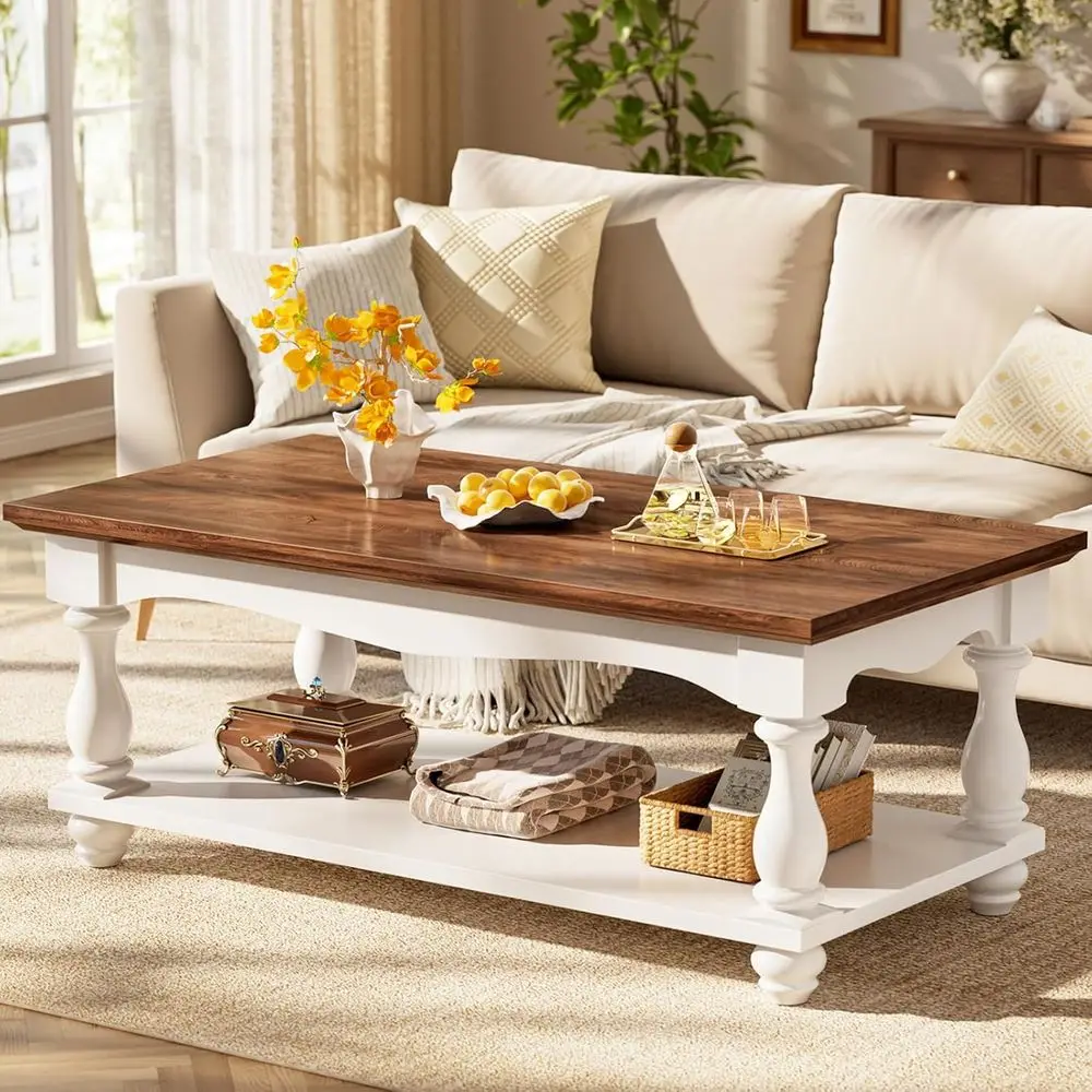 47 Two-Tier Coffee Table with Storage, Solid Wood Legs, Vintage Rustic Brown for Living Room