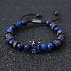 Luxury Natural Tiger Stone Beads Crown Charms Man Bracelet Women Hand Stainless Steel Jewelry Gift