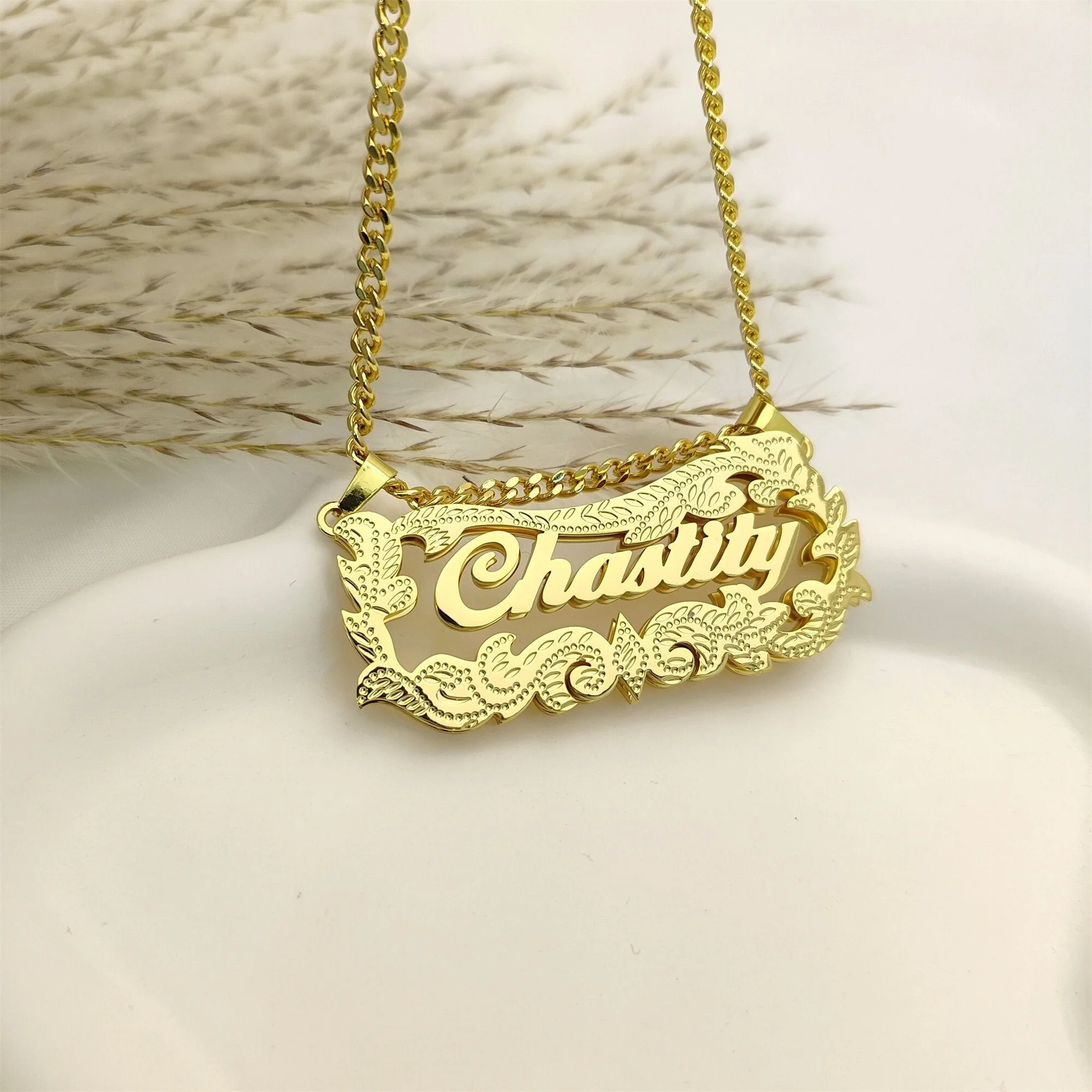 

Custom Name Necklace with Cuban Chain Personalized Nameplate Pendant Gold 3D Double Plated Name Necklace Christmas Gift For Her