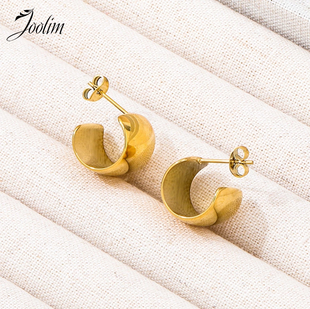 Joolim Jewelry High Quality PVD Wholesale Waterproof Fashion Wide Chunky Oval C-shaped Hoop Stainless Steel Earring for Women