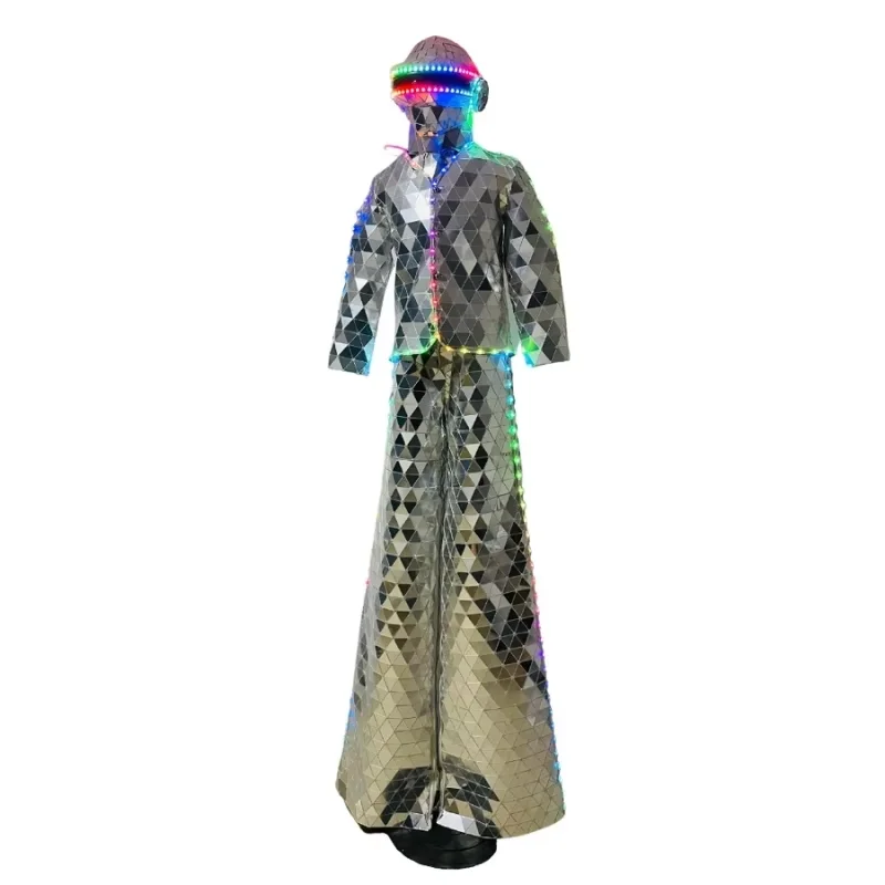 

LED Stilts Walker Mirror Costume Silver Man Show Suit Stage Performance Dress Dance Clothing for Party Nightclub Halloween