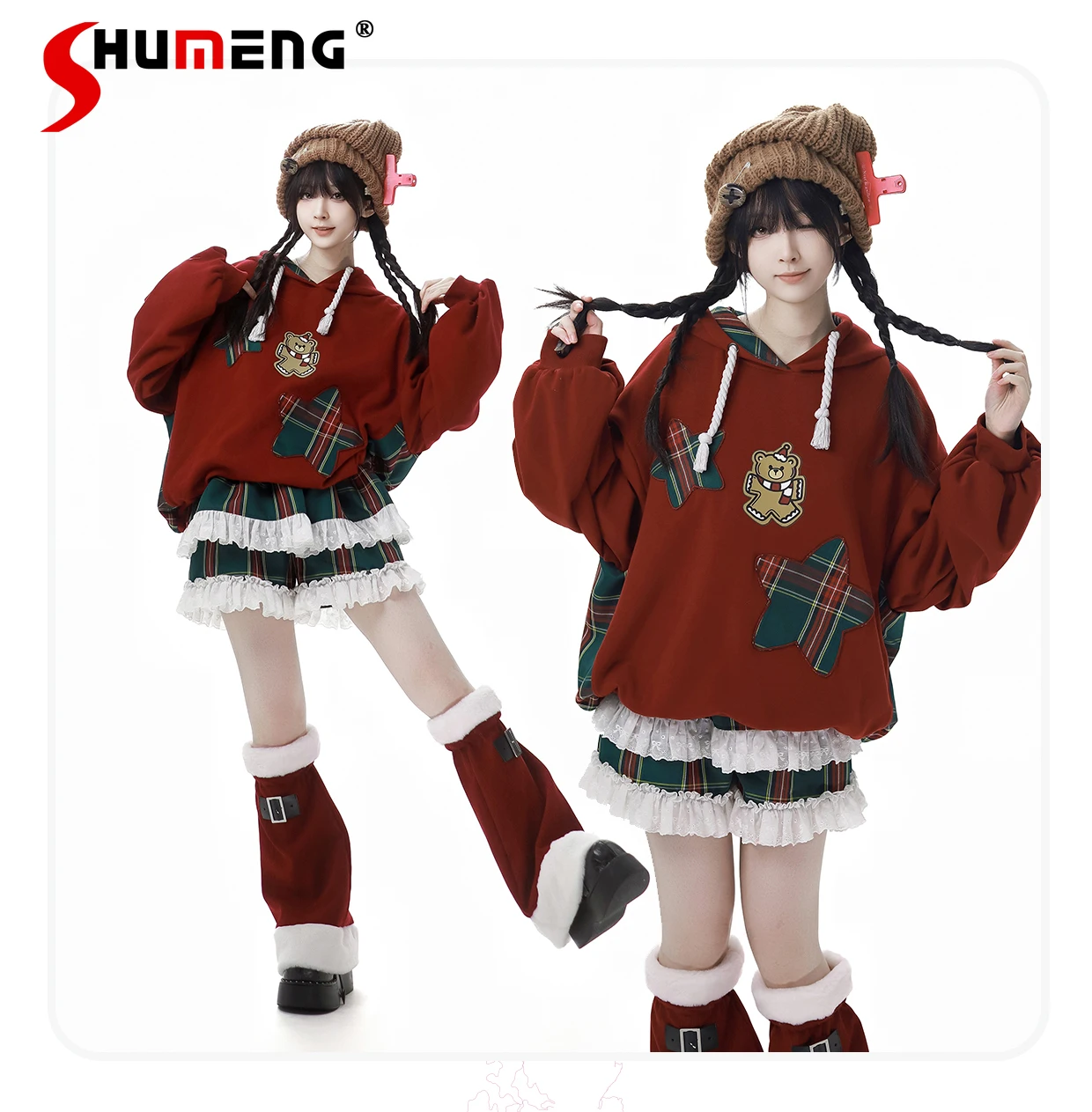 Sweet Cool Girl Christmas Plaid Embroidery Splicing Long Sleeve Loose Fleece Red Hooded Sweatshirts Pantskirts Sets Women Winter