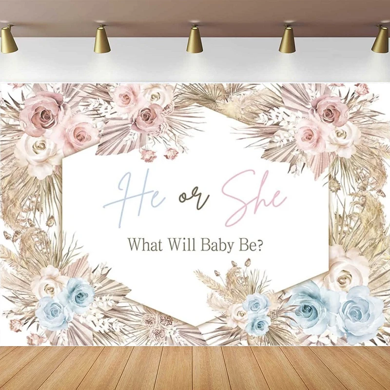 

Boho Photography Backdrop He Or She What Will Baby Be Gender Reveal Banner Pampas Grass Background Party Decorations Poster
