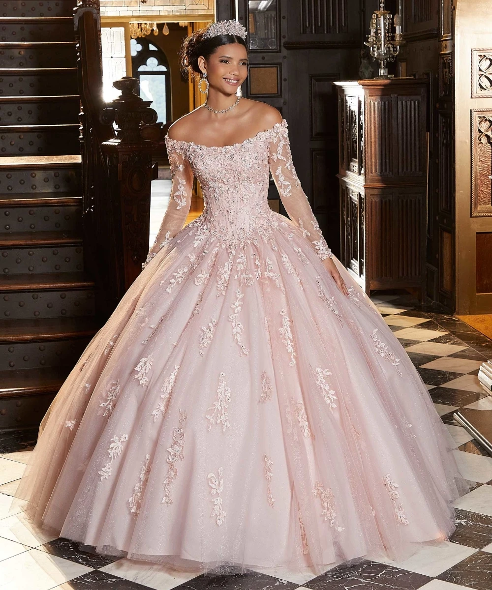 EVLAST-vestido De Quinceañera De manga larga De encaje con purpurina, 2024, apliques florales en 3D, cuentas dulces, 16 Vestidos De 15 Años, TQD147