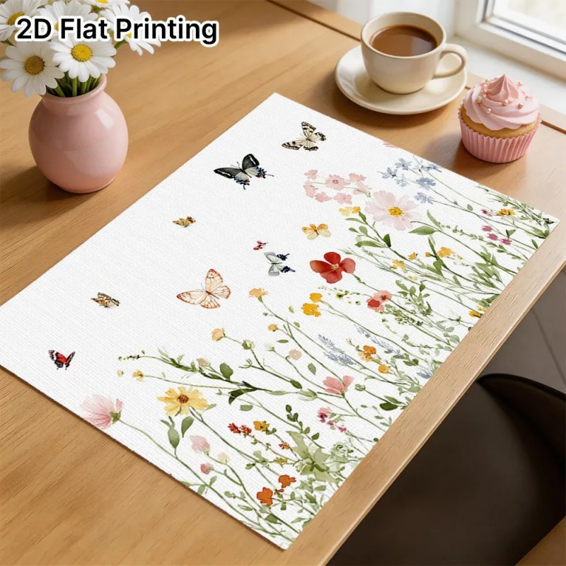 Wildflower Placemat Butterfly Print Watercolor Floral Dining Table Mat Heat Resistant Kitchen Decor Spring Party Tableware Gift