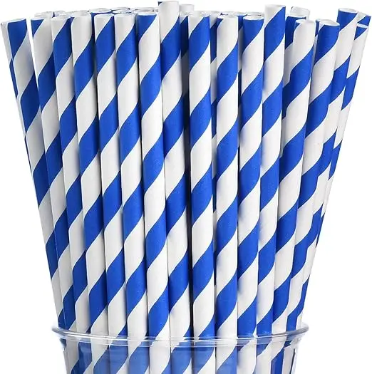 100pcs Blue&White Striped Paper Straws bulk Biodegradable Disposable Drinking Straws for Christmas Brithday Party supplies 6mm