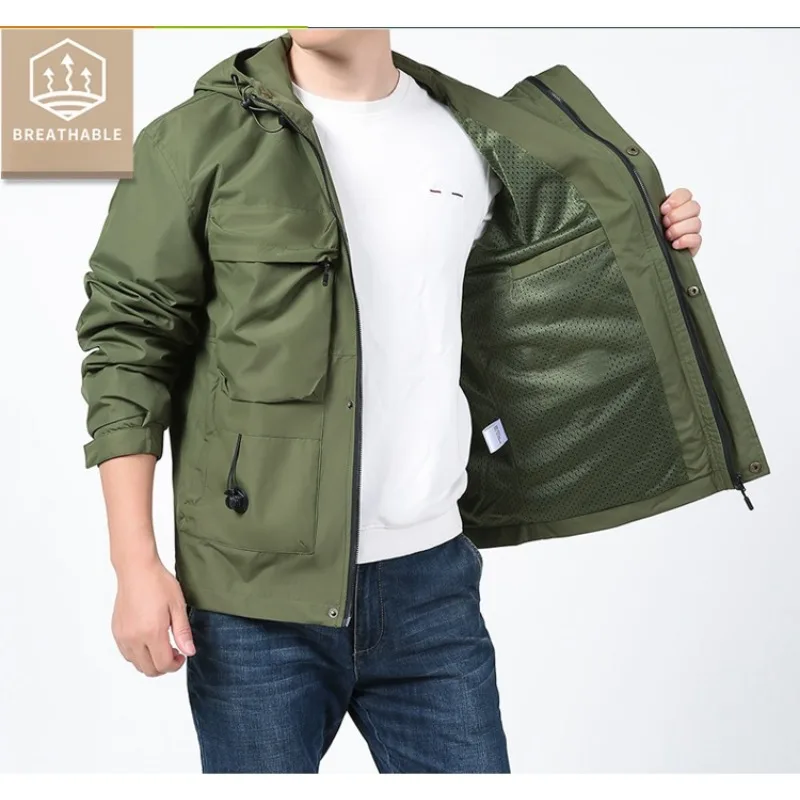 UETEEY Windproof Jakcets Man Spring Autumn Hooded Big Pockets Drawstring Casual Outdoor Hiking Coat Tactical Male Windbreaker