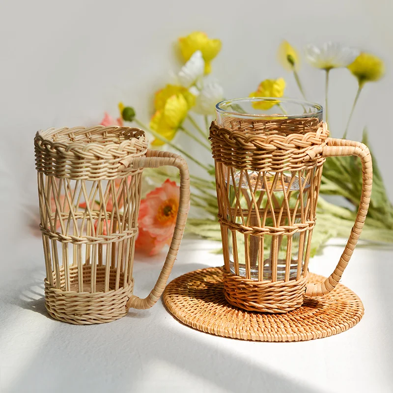 Vine woven cup sets for homestay restaurants with glass insulation and heat-resistant handles