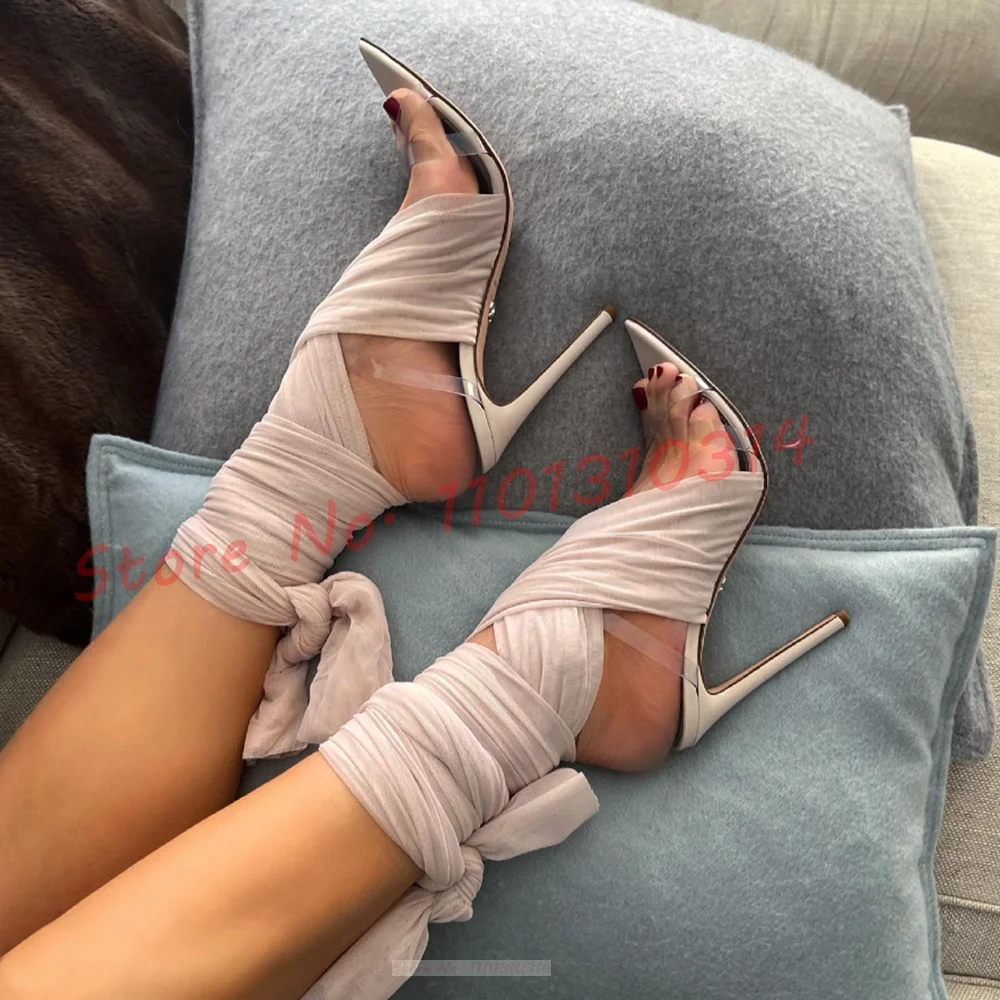 Ribbon Wrap High Heels Sandals Women Sexy Lace-up Clear Cross Strap Shoes Summer Ladies Party Outfit Gladiator Roman Sandals