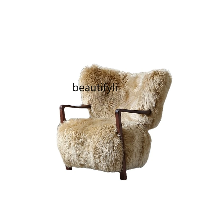 Designer New Zealand Long Wool Single Sofa North America Black Walnut Double Armrest Lamb Wool Couch living room furniture