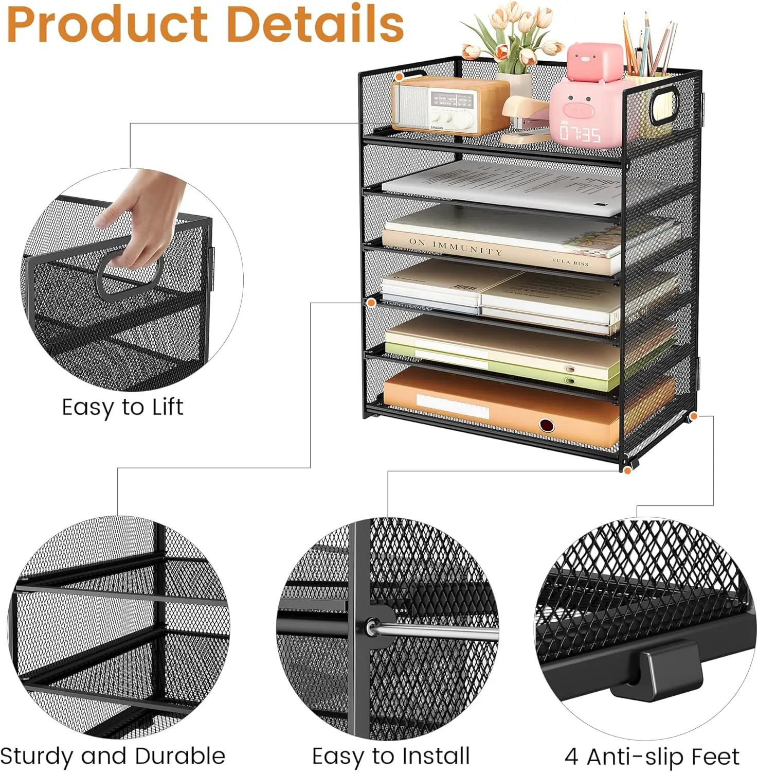 6-Tier Mesh Paper File Tray Organizer for Desk, Stackable Letter Tray with Handle, Black Office Supplies Storage view 5