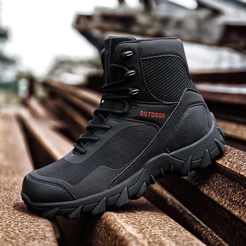 Men's High Top Leather Waterproof Hiking Shoes Lace Up Tactical Boots Non-slip Outdoor Field Training Shoes Man Motorcycle Boots