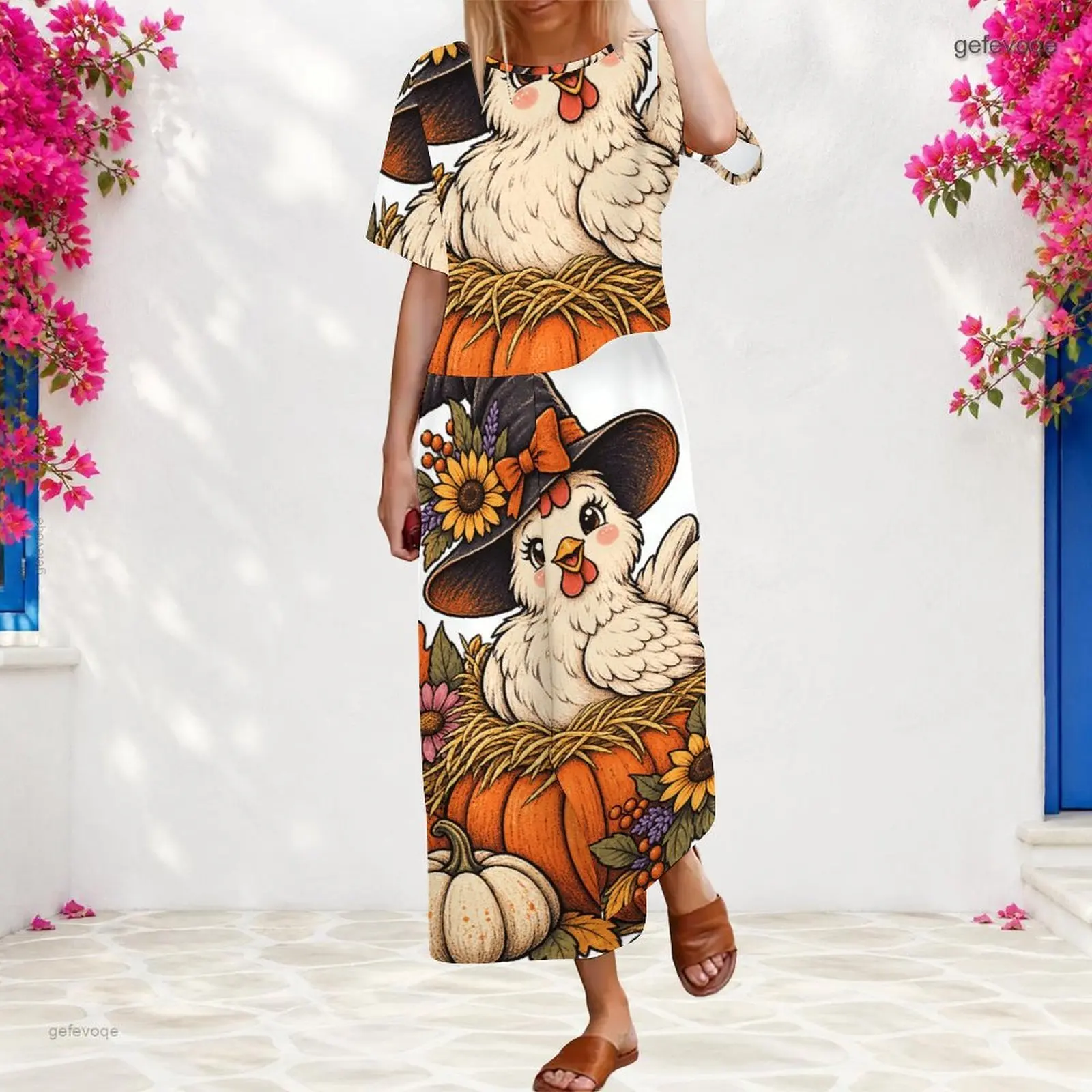 Women 2 Piece Outfit Round Neck Short Sleeve Top With Elastic Waist Wide Leg Pants Set Custom Print Ladies Casual Loungewear