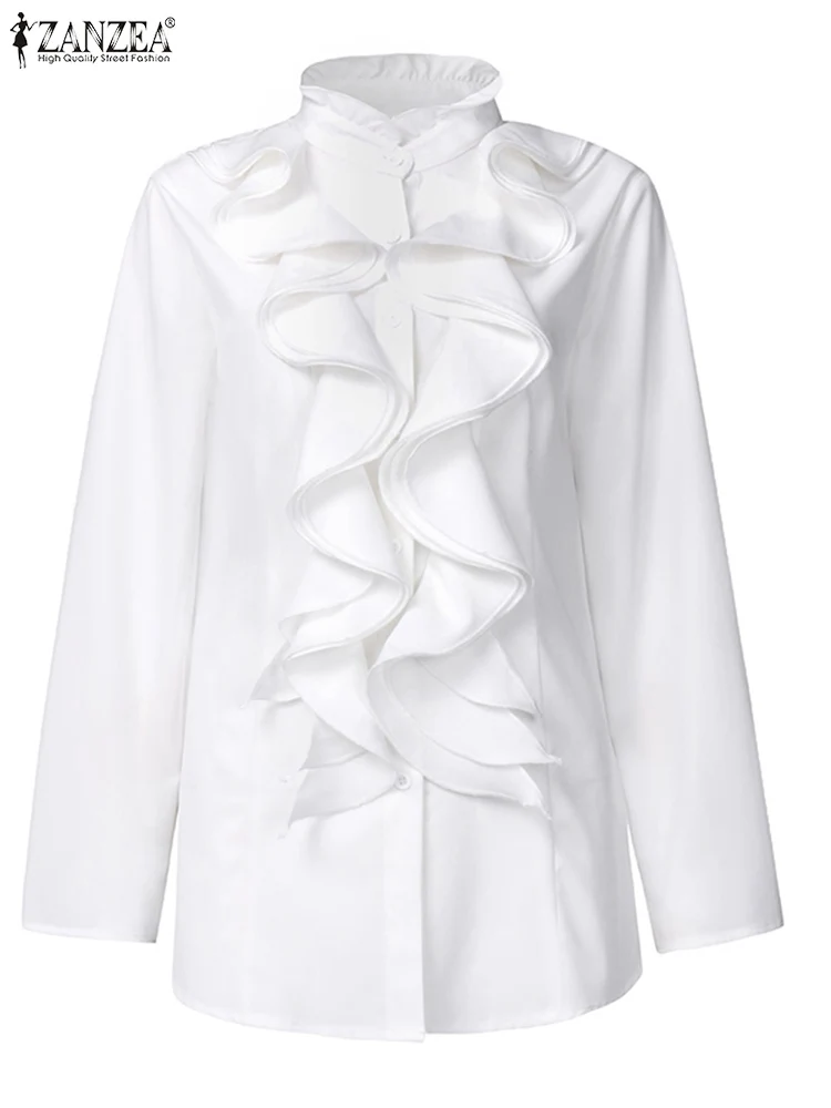 ZANZEA Elegant Women Blouse Ruffles Tops Fashion Long Sleeve Shirts Flounce Blusas Stylish OL Work Shirt Female White Blouses